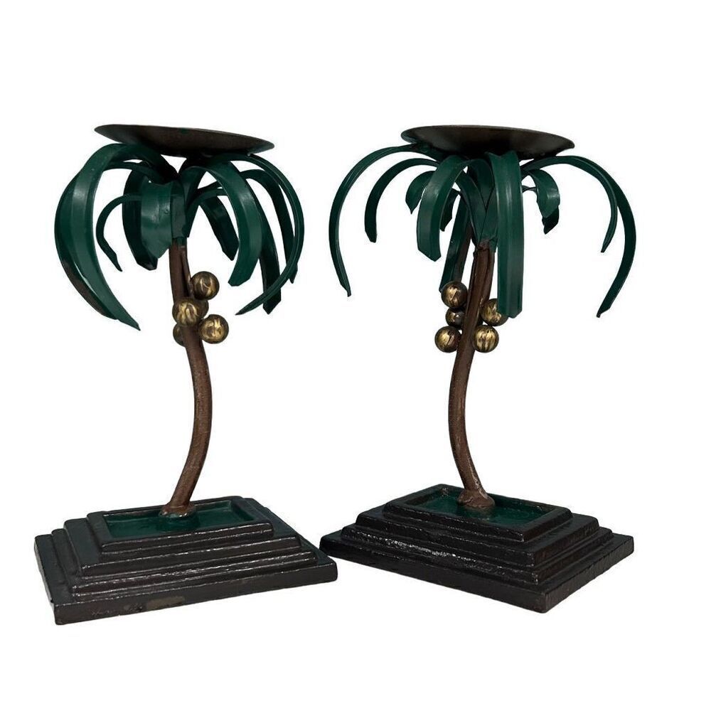 NWOT Pair Of Hand Painted Brown Wrought Iron Palm Trees Candlestick Holders Set